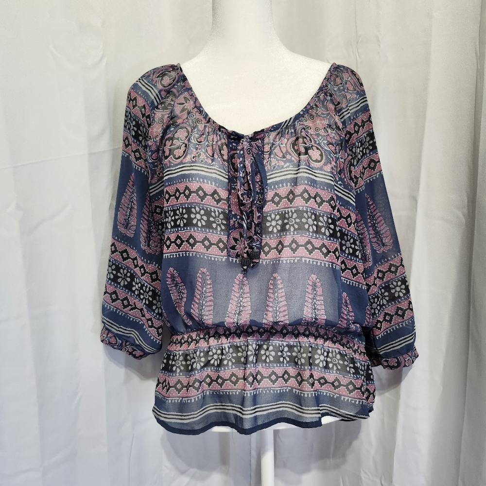 American Eagle Outfitters Size Medium Pink and Blue Patterned Sheer Blouse